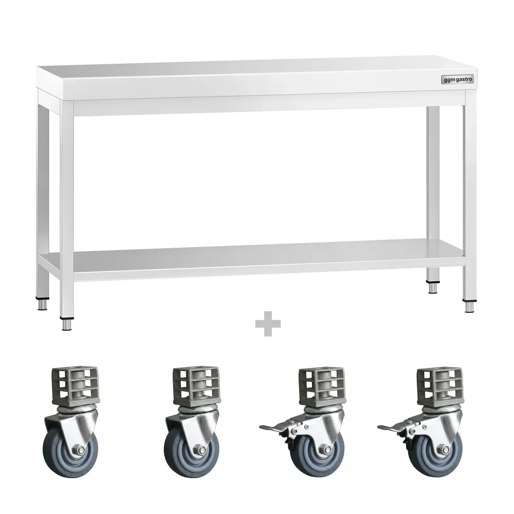 Работна маса PREMIUM от неръждаема стомана - 1500x700mm - с основа и колелца