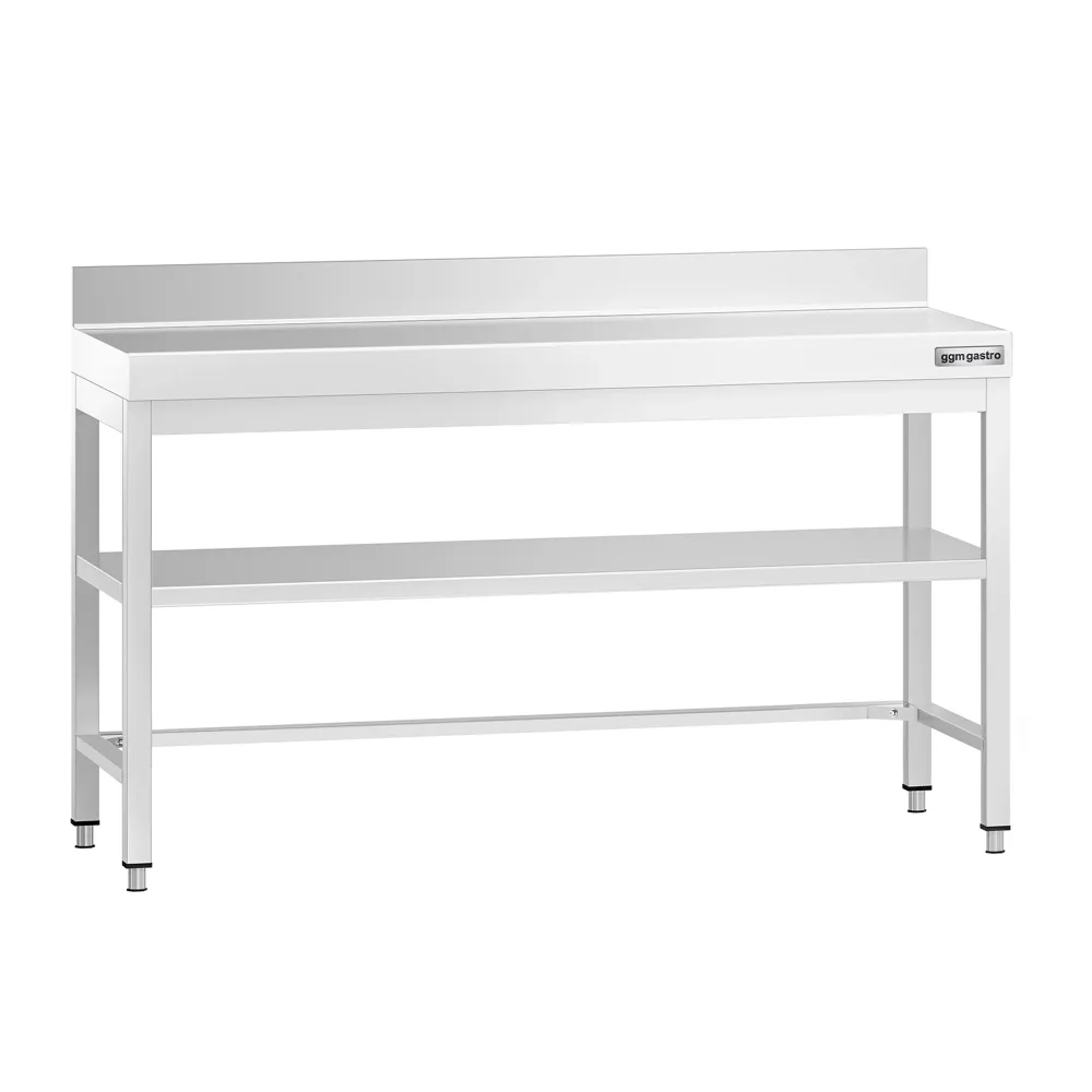 Маса от неръждаема стомана PREMIUM - 1500x700mm - с основен рафт и борд отзад и укрепваща връзка