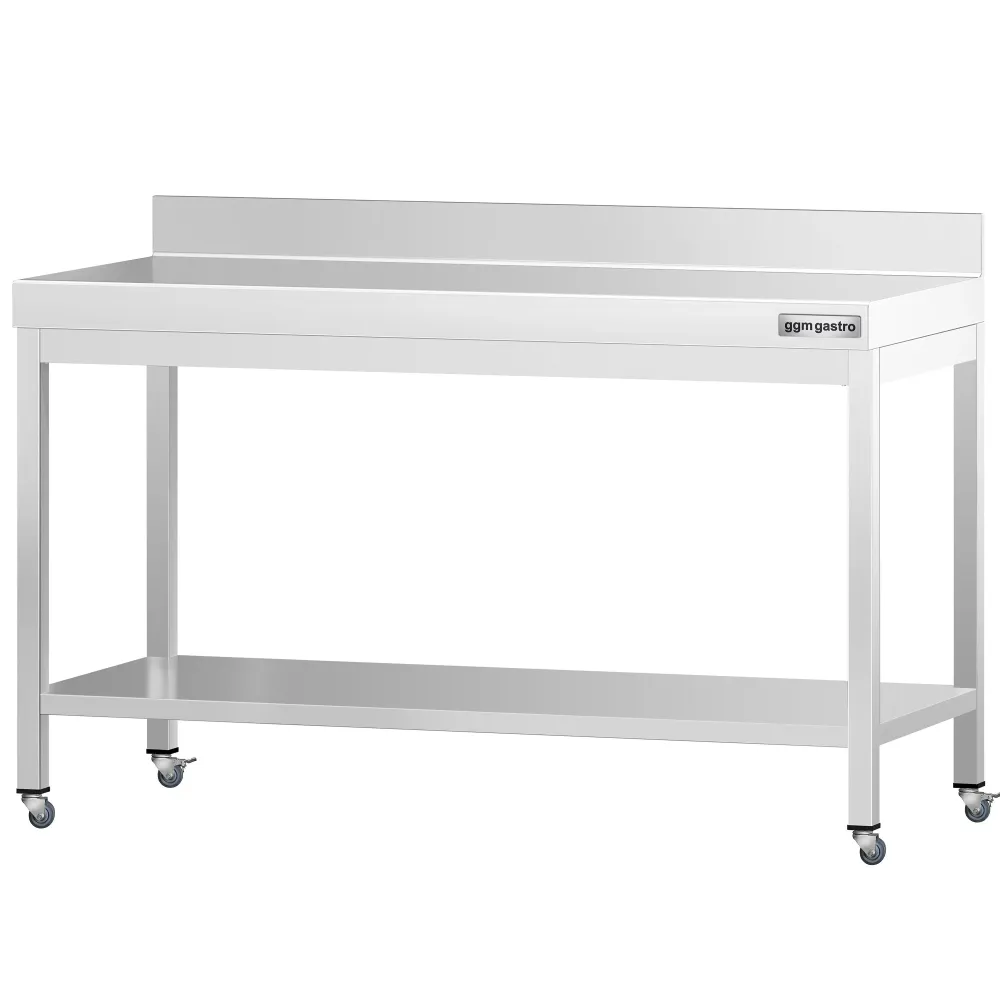 Работна маса PREMIUM от неръждаема стомана - 1500x800mm - с основа, стойка и колелца