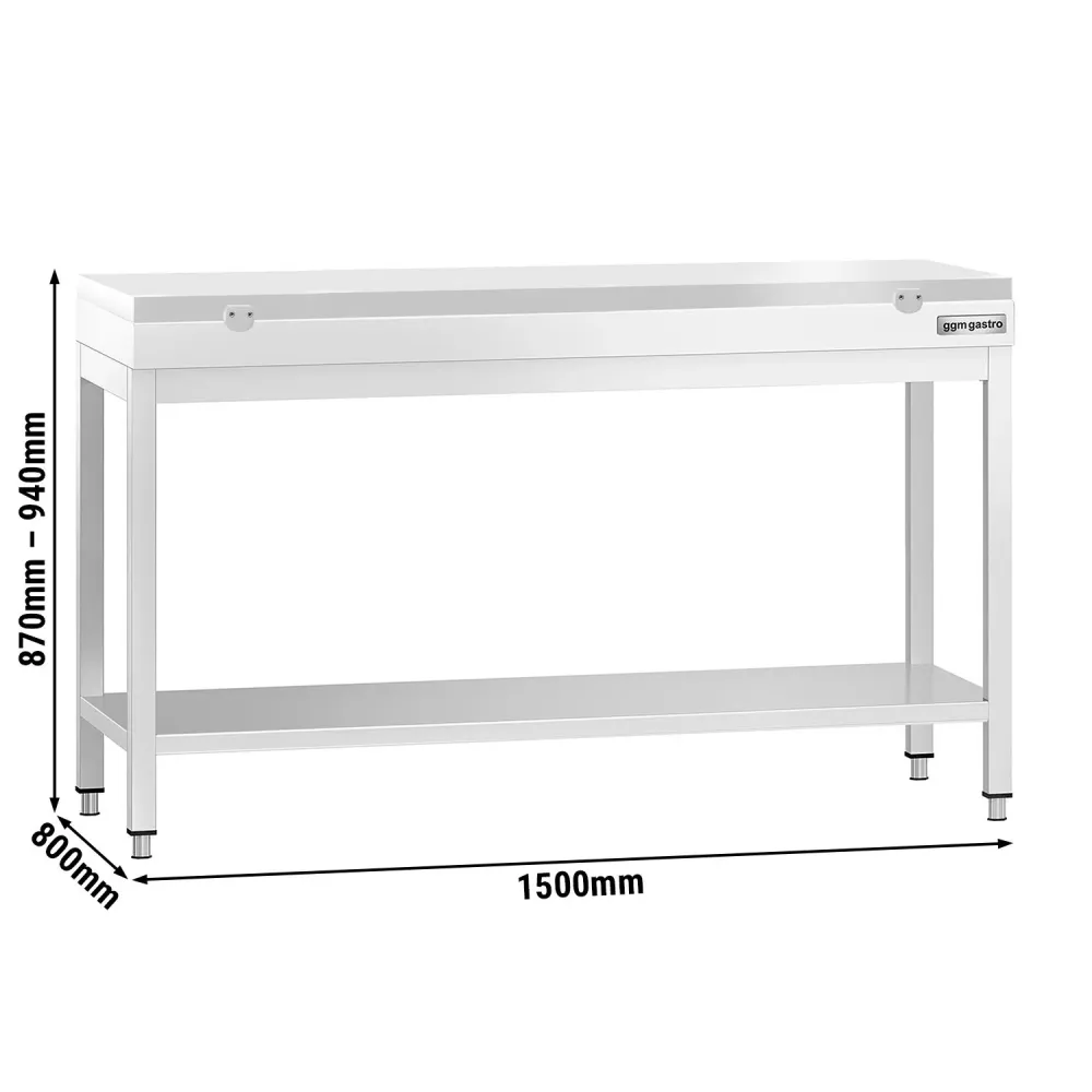 Маса от неръждаема стомана PREMIUM - 1500x800mm - с основен рафт - с включена дъска за рязане - бяла