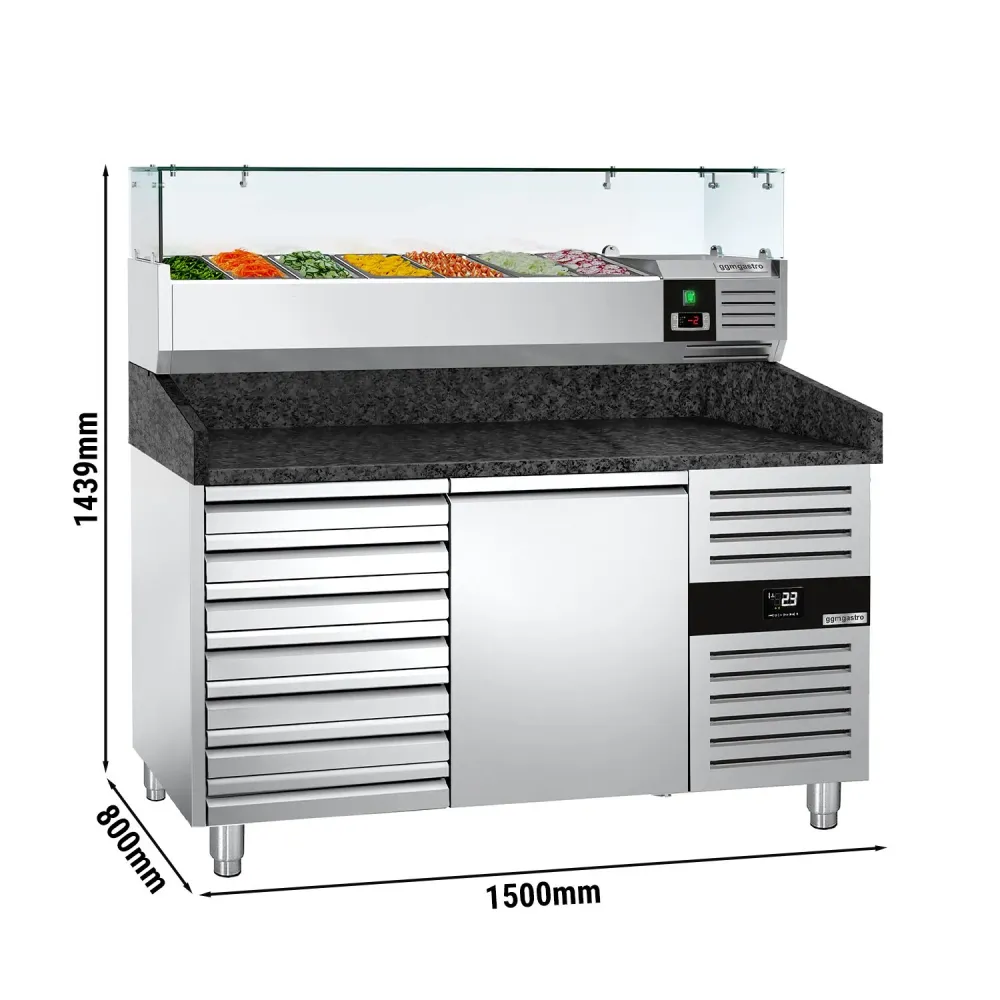 Хладилна маса за пица PREMIUM - 1500x800mm - с 1 врата и 7 чекмеджета - с охлаждаща надстройка - 6x GN 1/3 - с гранитен плот