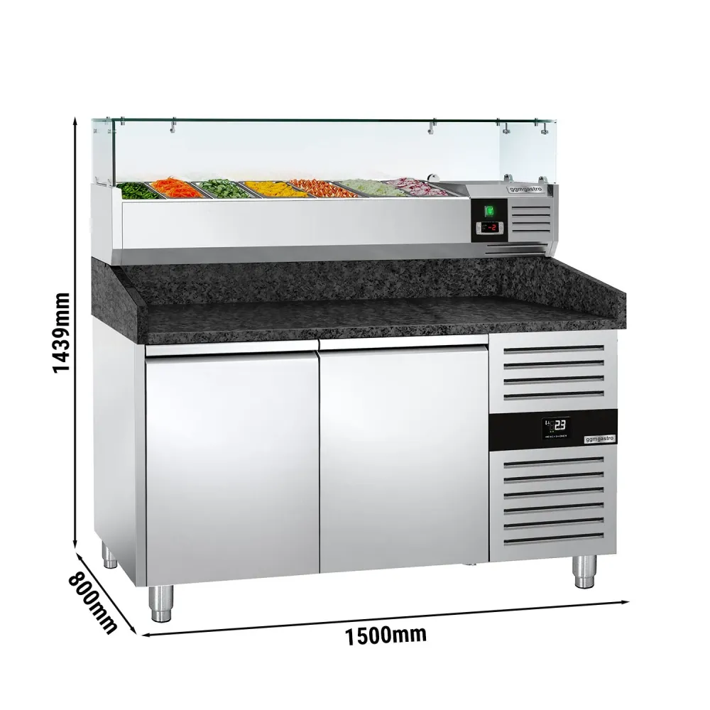 Хладилна маса за пица PREMIUM - 1500x800mm - с гранитен плот - с 2 врати - с охлаждаща надстройка - 6x GN 1/3