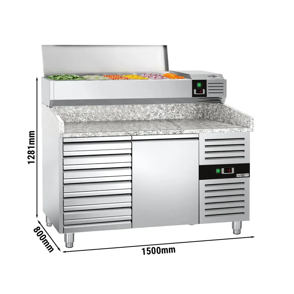Хладилна маса за пица PREMIUM - 1500x800mm - с 1 врата и 7 чекмеджета - с охлаждаща надстройка - 7x GN 1/4