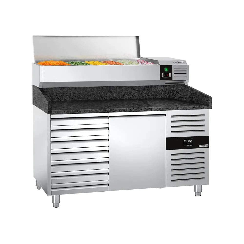 Хладилна маса за пица PREMIUM - 1500x800mm - с гранитен плот - с 1 врата и 7 чекмеджета - с охлаждаща надстройка - 6x GN 1/3