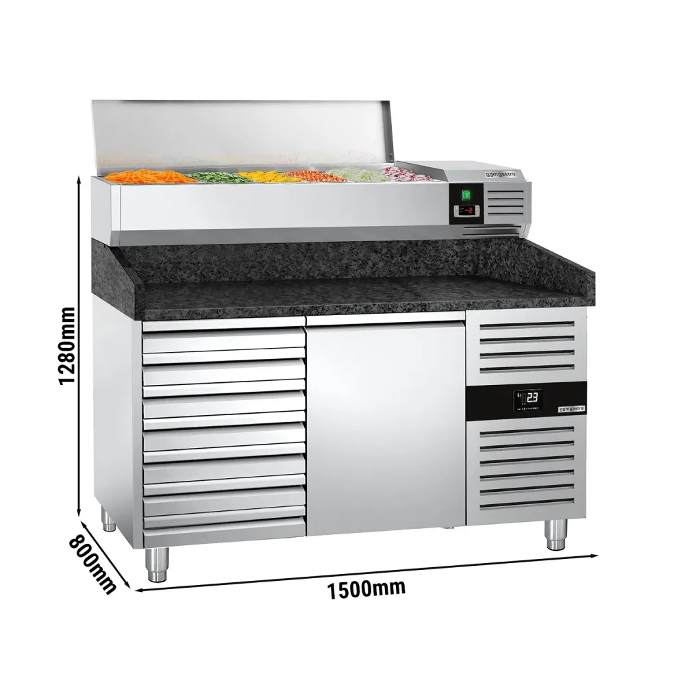 Хладилна маса за пица PREMIUM - 1500x800mm - с гранитен плот - с 1 врата и 7 чекмеджета - с охлаждаща надстройка - 6x GN 1/3