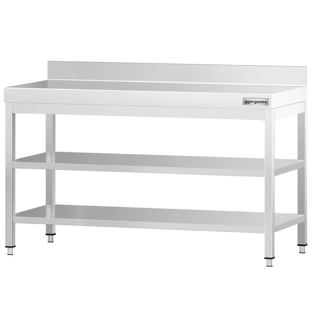 Маса от неръждаема стомана PREMIUM - 1500x800mm - с основен рафт и борд отзад и междинен рафт и укрепваща връзка