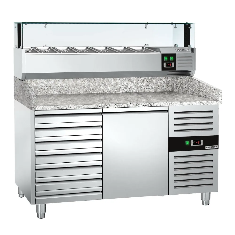 Хладилна маса за пица PREMIUM - 1500x800mm - с 1 врата и 7 чекмеджета - с охлаждаща надстройка с LED осветление - 7x GN 1/4