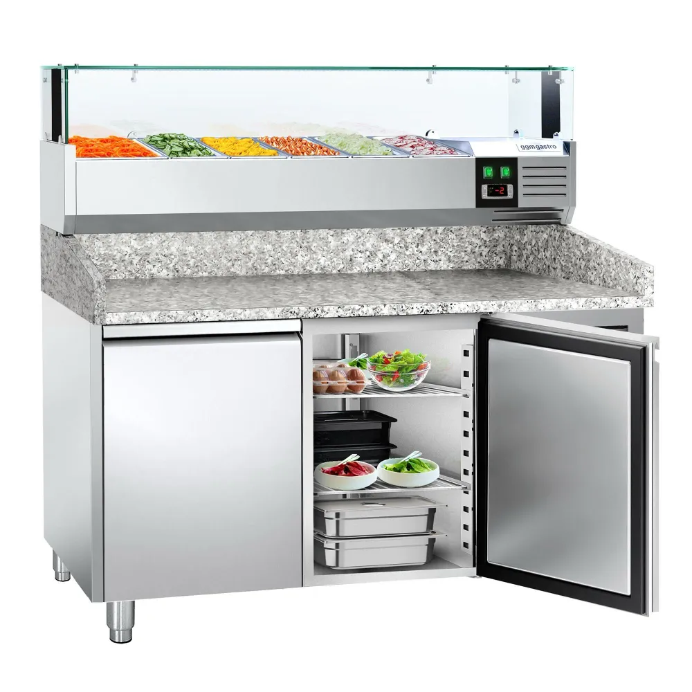 Хладилна маса за пица PREMIUM - 1500x800mm - с гранитен плот - с 2 врати - с охлаждаща надстройка с LED осветление - 5x GN...