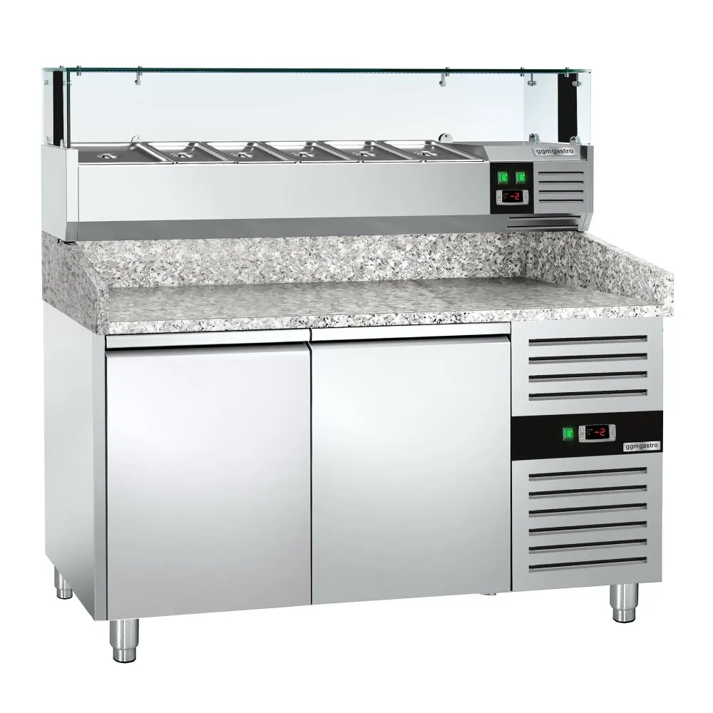 Хладилна маса за пица PREMIUM - 1500x800mm - с гранитен плот - с 2 врати - с охлаждаща надстройка с LED осветление - 5x GN...