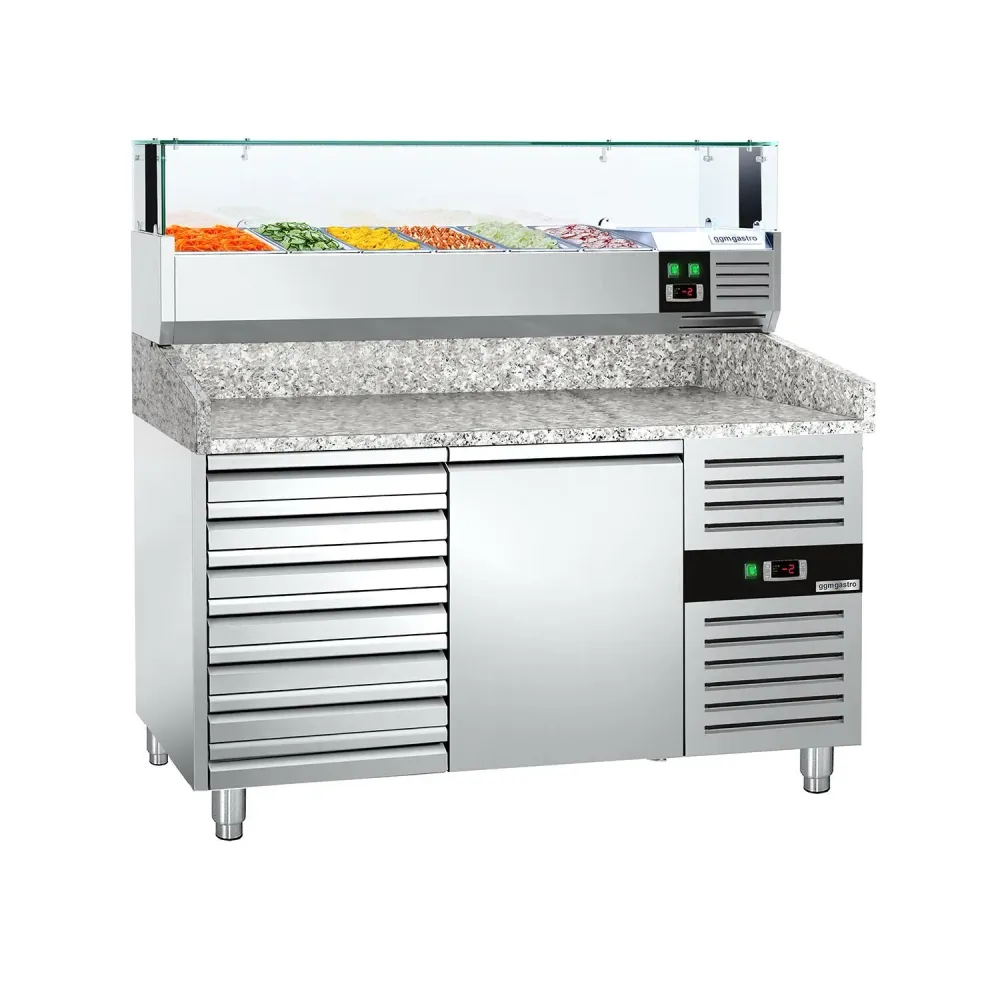 Хладилна маса за пица PREMIUM - 1500x800mm - с 1 врата и 7 чекмеджета - с охлаждаща надстройка с LED осветление - 5x GN 1/...