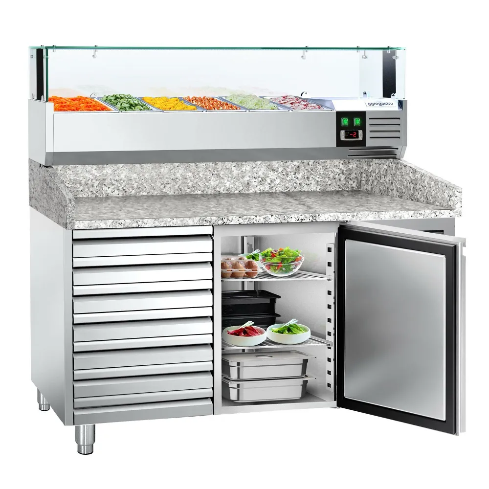 Хладилна маса за пица PREMIUM - 1500x800mm - с 1 врата и 7 чекмеджета - с охлаждаща надстройка с LED осветление - 5x GN 1/...