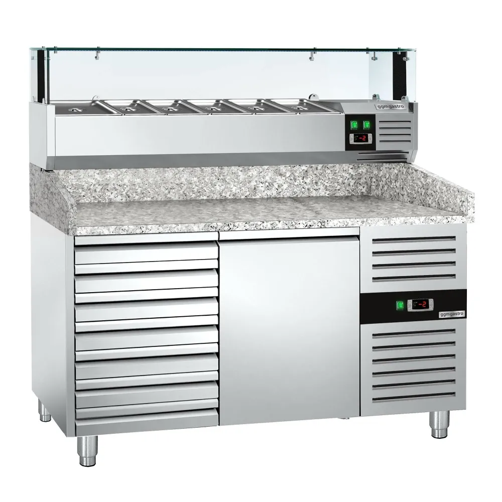 Хладилна маса за пица PREMIUM - 1500x800mm - с 1 врата и 7 чекмеджета - с охлаждаща надстройка с LED осветление - 5x GN 1/...