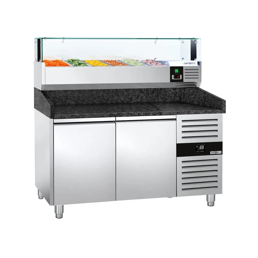 Хладилна маса за пица PREMIUM - 1500x800mm - с гранитен плот - с 2 врати - с охлаждаща надстройка с LED осветление - 6x GN...