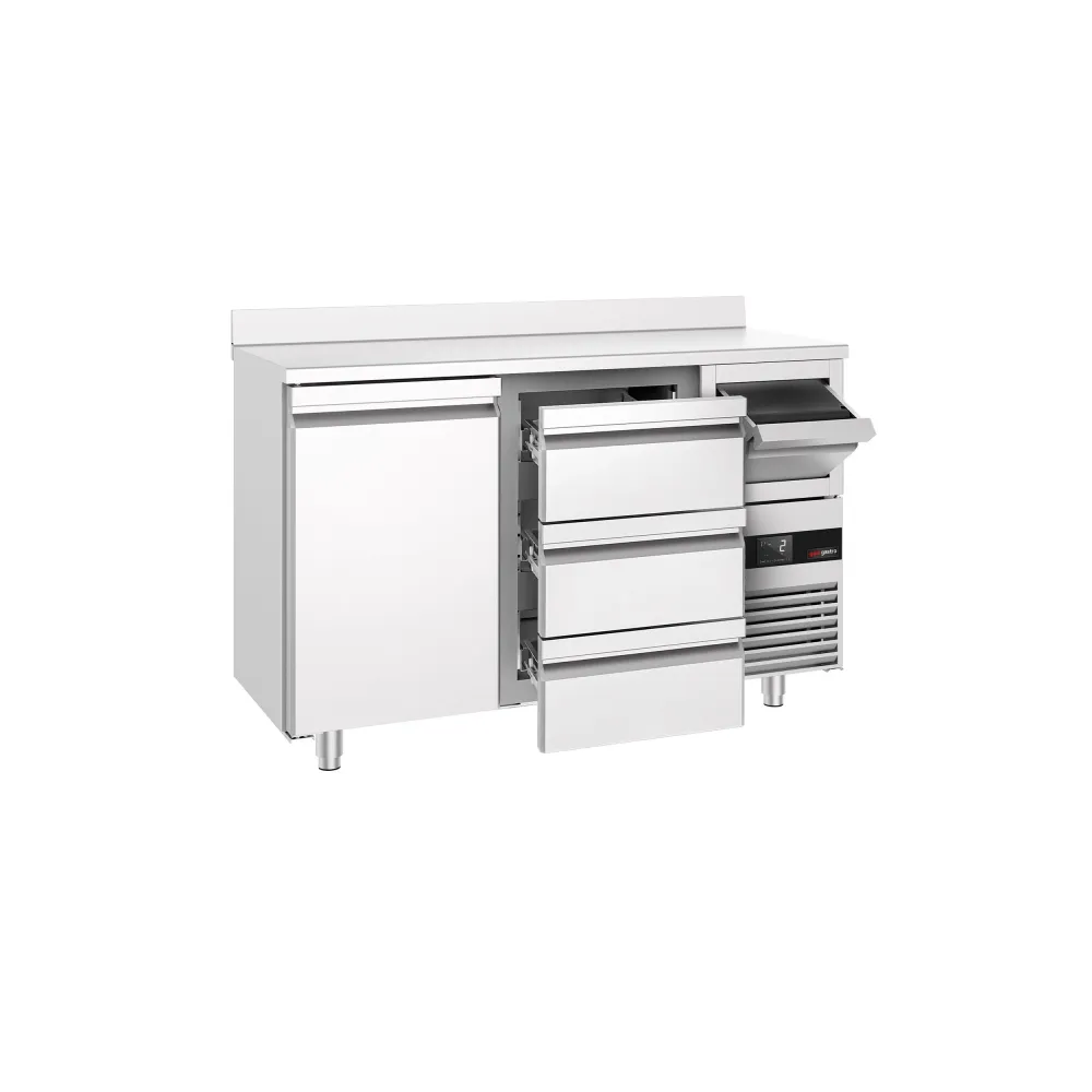 Барова хладилна маса PREMIUM - 1580x600mm - 365 л - с 1 врата и 3 чекмеджета, със заден борд, кутия за отпадъчно кафе (kno...