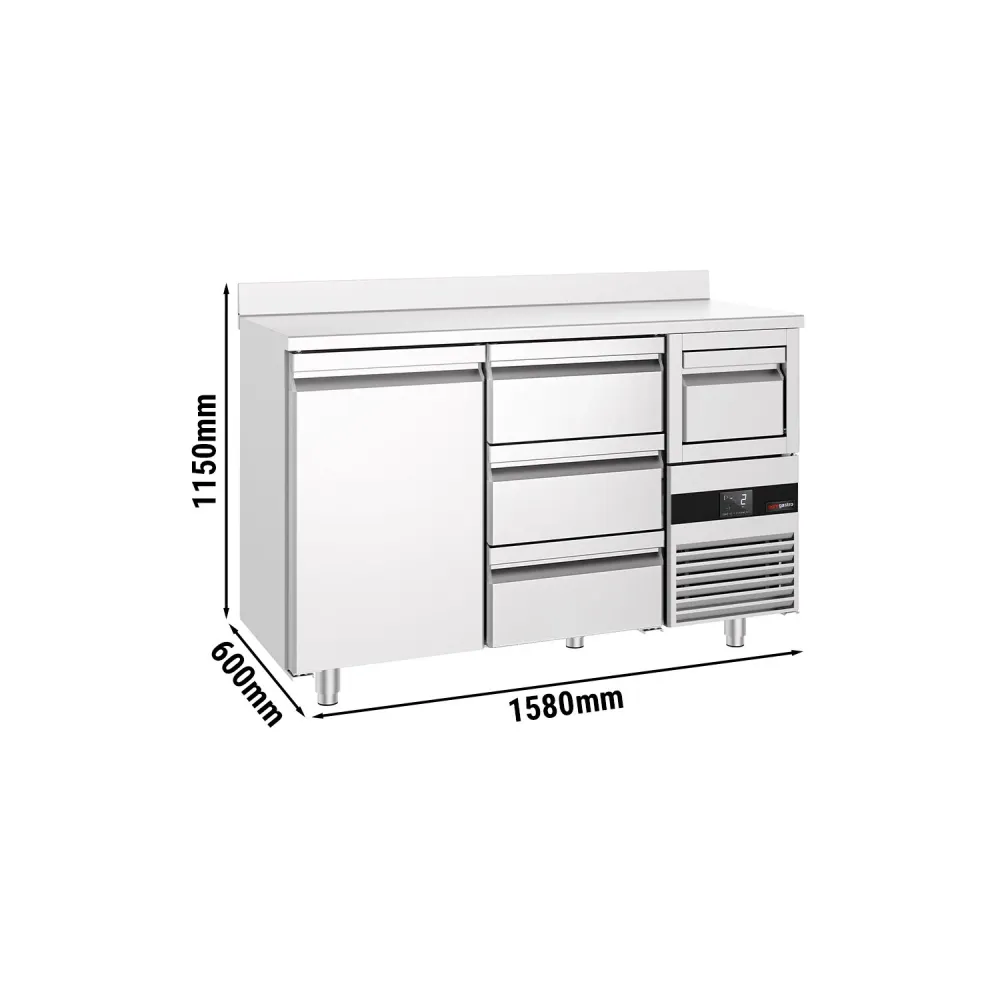 Барова хладилна маса PREMIUM - 1580x600mm - 365 л - с 1 врата и 3 чекмеджета, със заден борд, кутия за отпадъчно кафе (kno...
