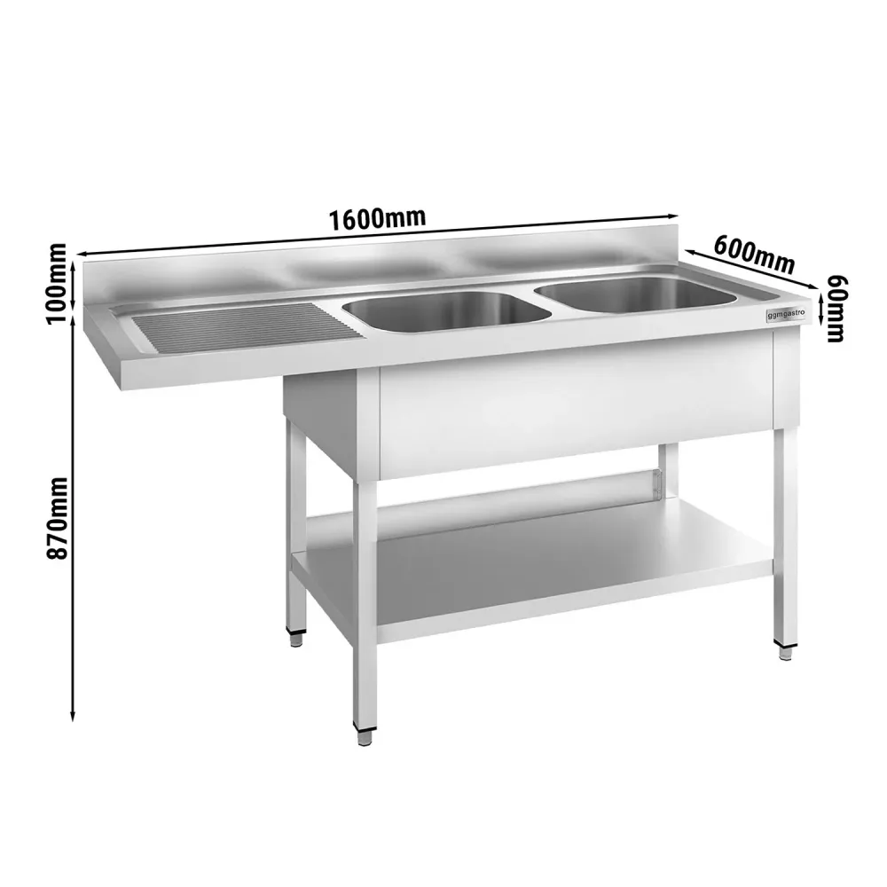 Маса за миялна машина PREMIUM - 1600x600mm - с 2 корита вдясно - със заден борд 100mm - корита 400x400x250mm - с долен рафт