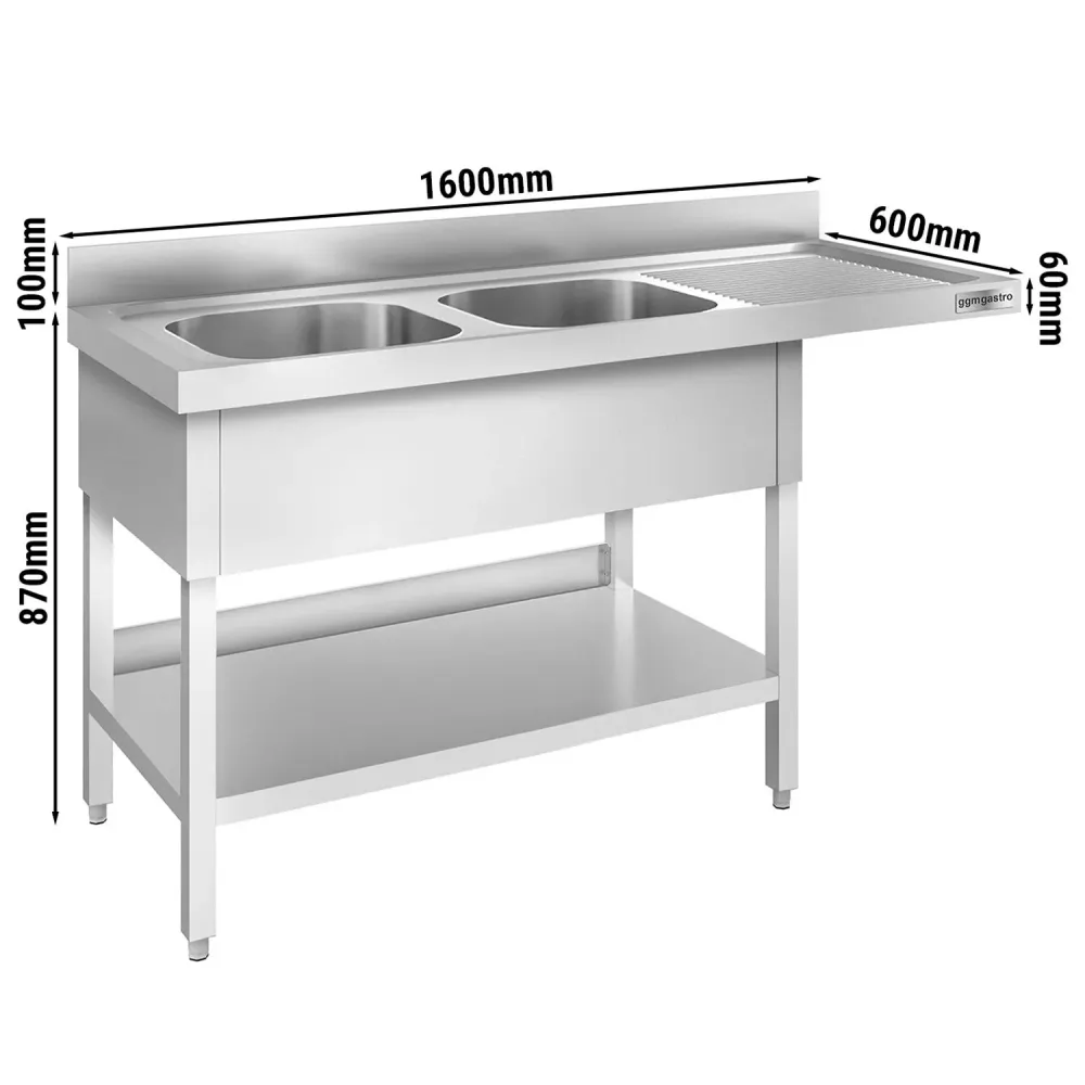 Маса за миялна машина PREMIUM - 1600x600mm - с 2 корита вляво - със заден борд 100mm - корита 400x400x250mm - с долен рафт