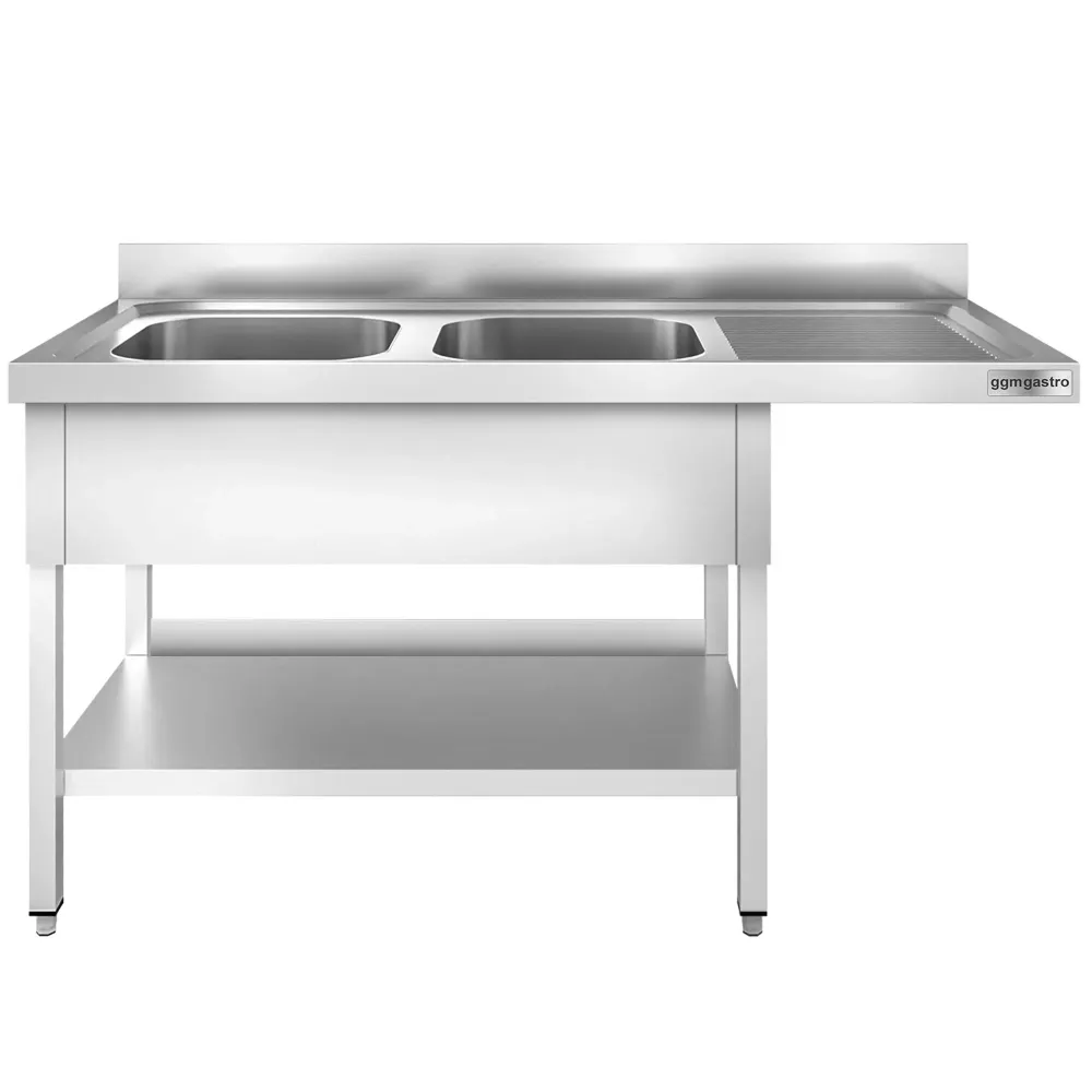 Маса за миялна машина PREMIUM - 1600x600mm - с 2 корита вляво - със заден борд 100mm - корита 400x400x250mm - с долен рафт