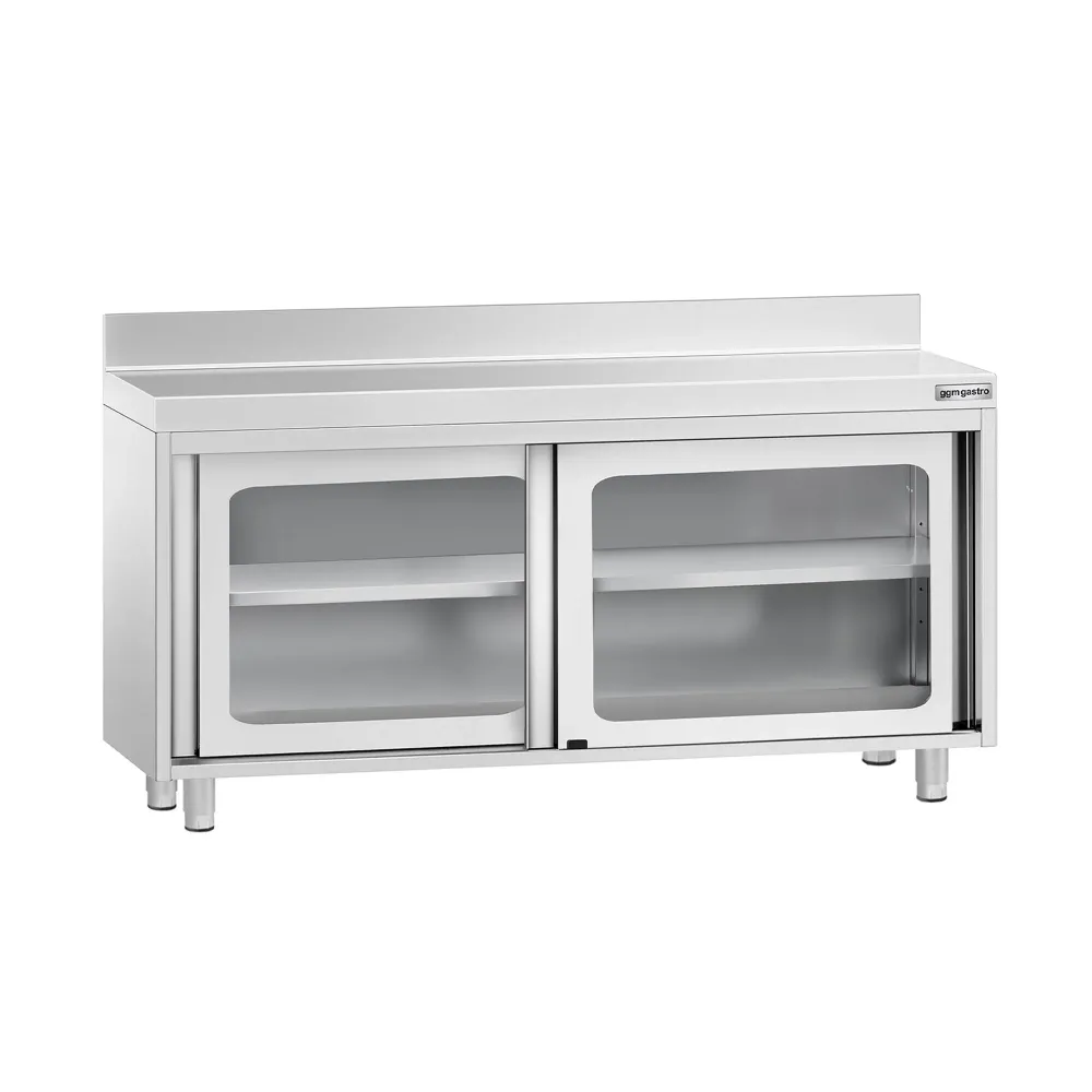 Професионален Работен шкаф от неръждаема стомана PREMIUM - 1600x600mm - с плъзгащи стъклени врати & Борд