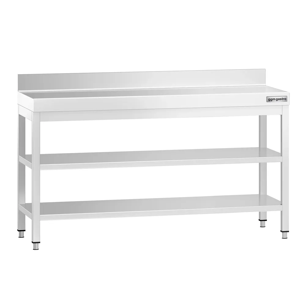 Маса от неръждаема стомана PREMIUM - 1600x600mm - с основен рафт и борд отзад и междинен рафт