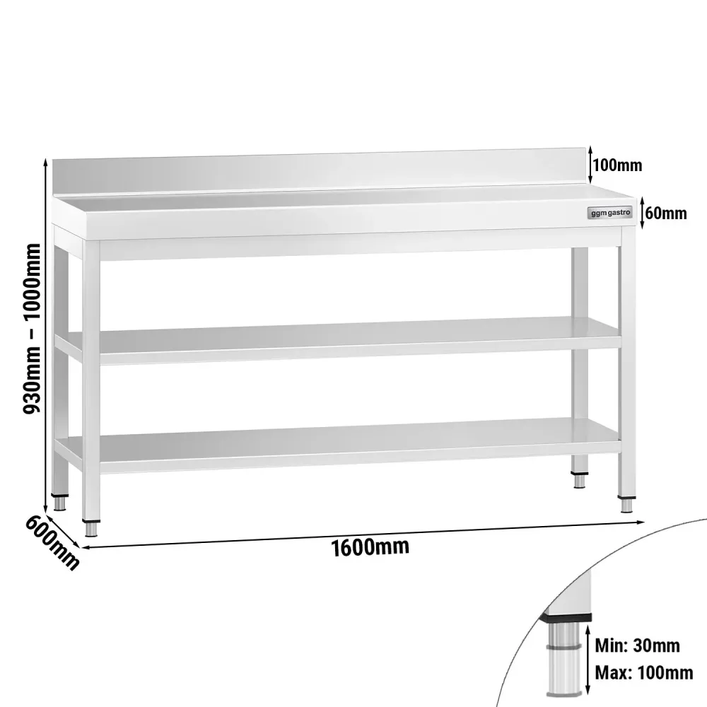 Маса от неръждаема стомана PREMIUM - 1600x600mm - с основен рафт и борд отзад и междинен рафт