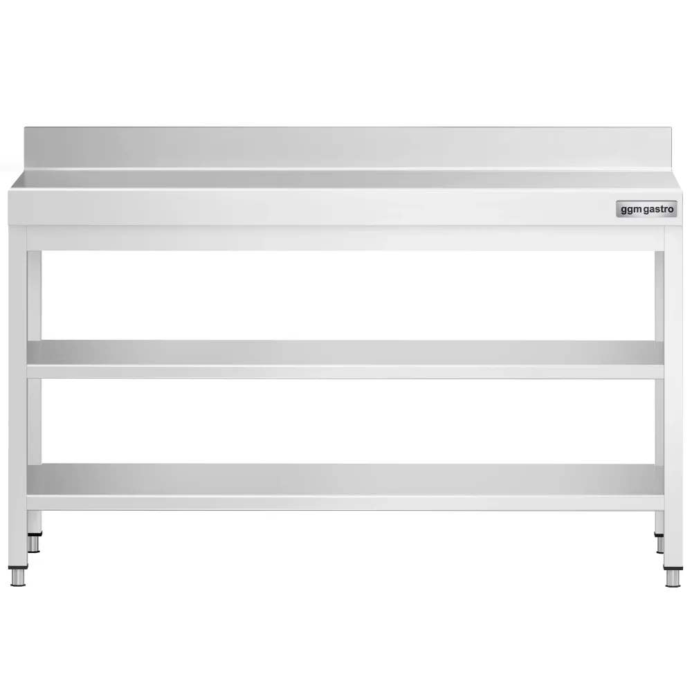 Маса от неръждаема стомана PREMIUM - 1600x600mm - с основен рафт и борд отзад и междинен рафт