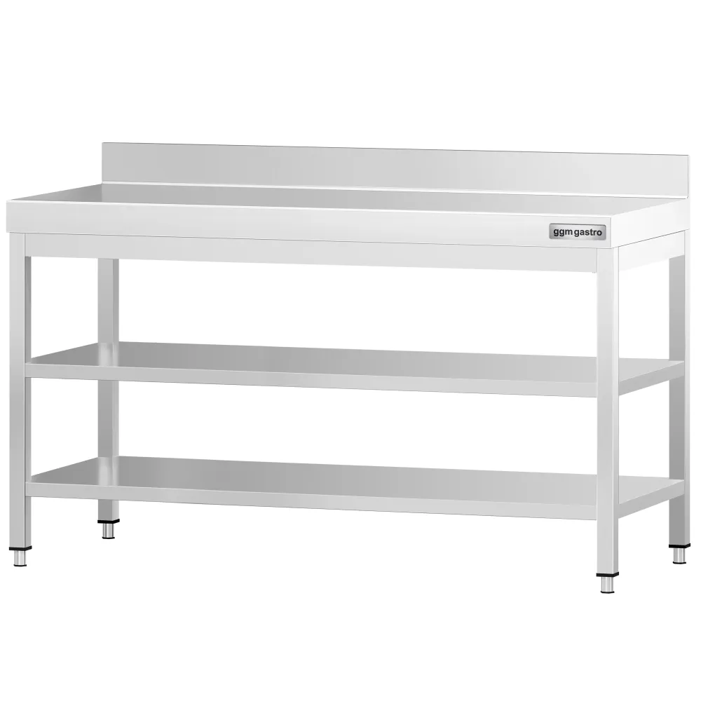 Маса от неръждаема стомана PREMIUM - 1600x600mm - с основен рафт и борд отзад и междинен рафт