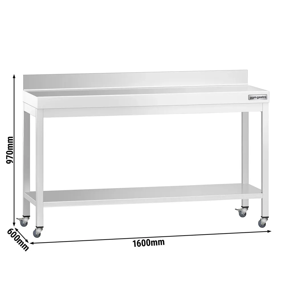 Работна маса PREMIUM от неръждаема стомана - 1600x600mm - с основа, стойка и колелца