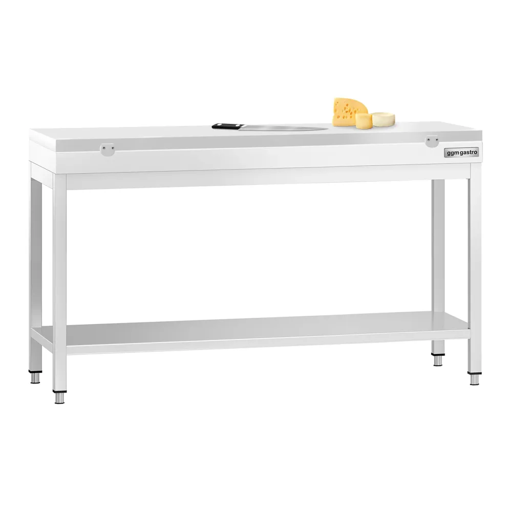 Маса от неръждаема стомана PREMIUM - 1600x600mm - с основен рафт - с включена дъска за рязане - бяла