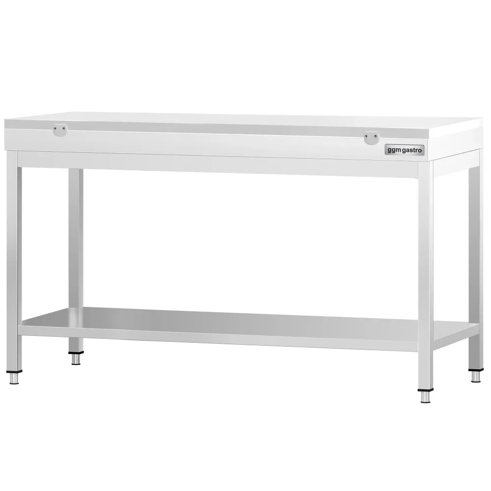 Маса от неръждаема стомана PREMIUM - 1600x600mm - с основен рафт - с включена дъска за рязане - бяла