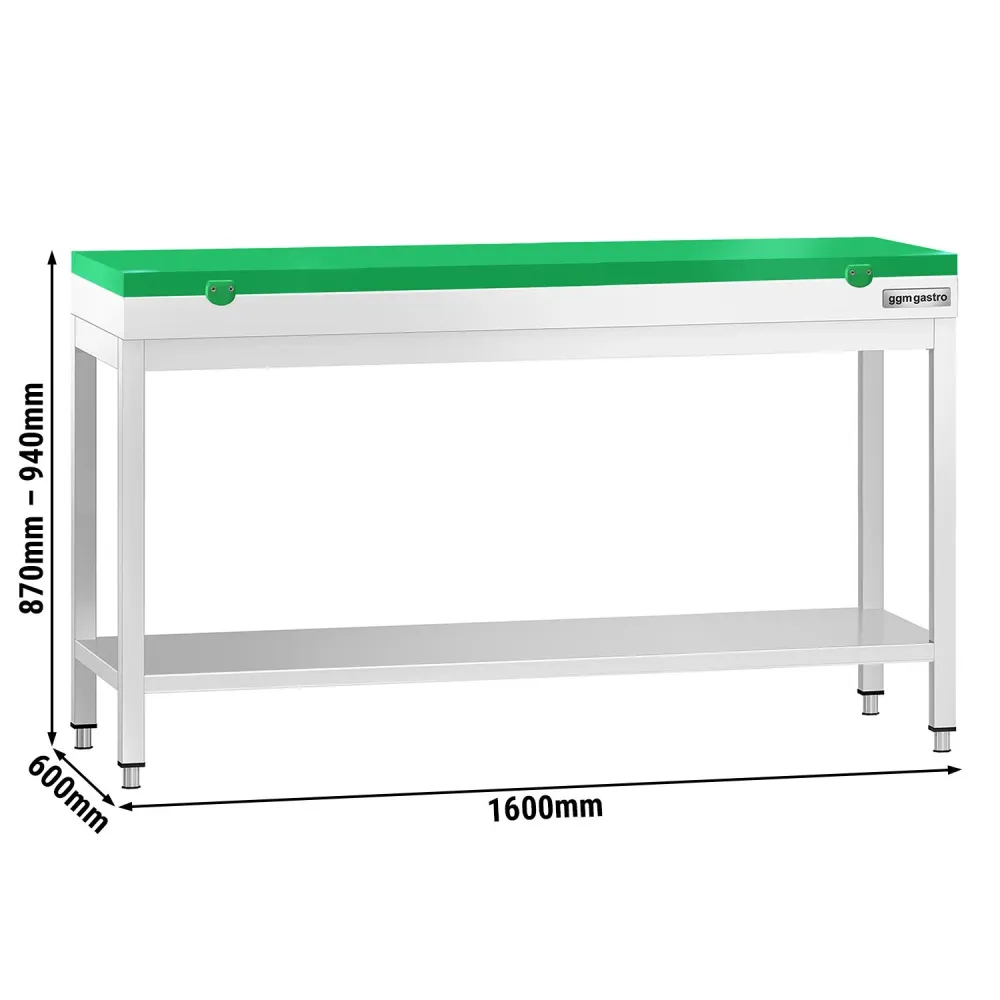 Маса от неръждаема стомана PREMIUM - 1600x600mm - с основен рафт - с включена дъска за рязане - зелена