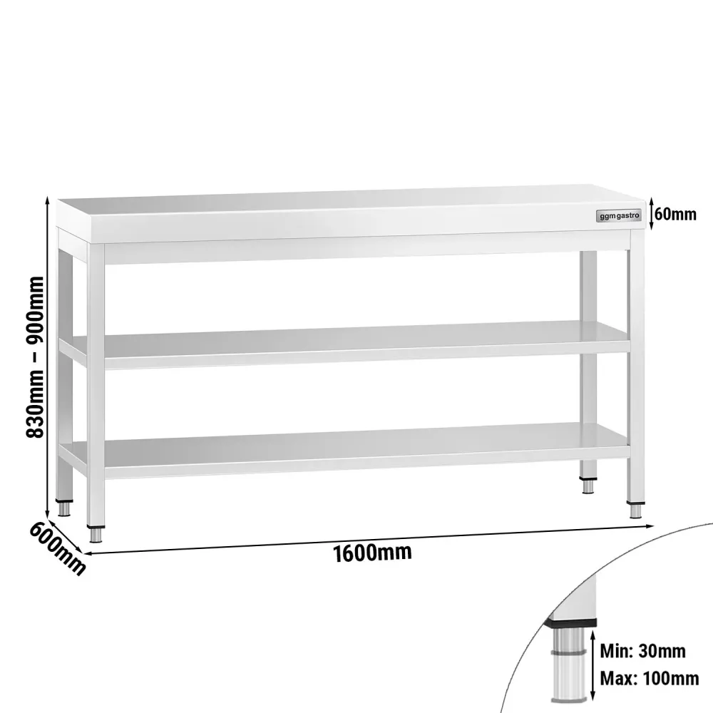 Маса от неръждаема стомана PREMIUM - 1600x600mm - с основен рафт и междинен рафт