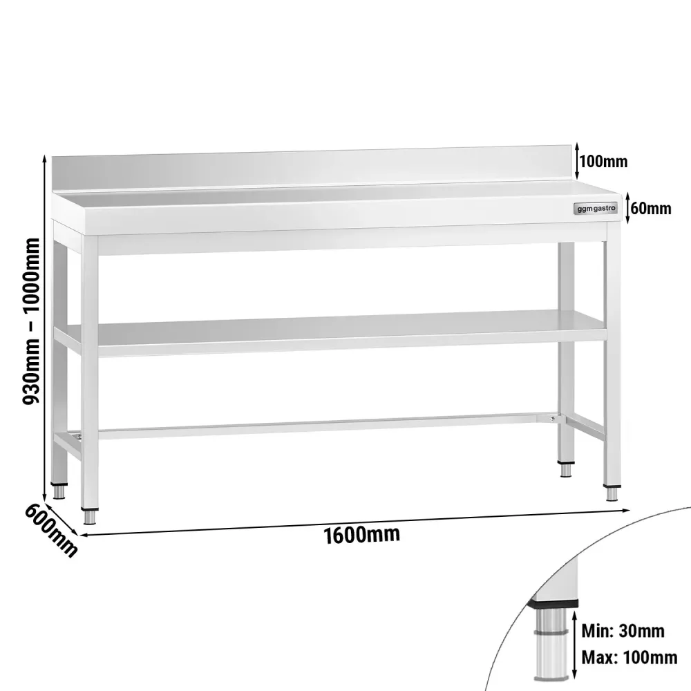 Маса от неръждаема стомана PREMIUM - 1600x600mm - с основен рафт и борд отзад и укрепваща връзка