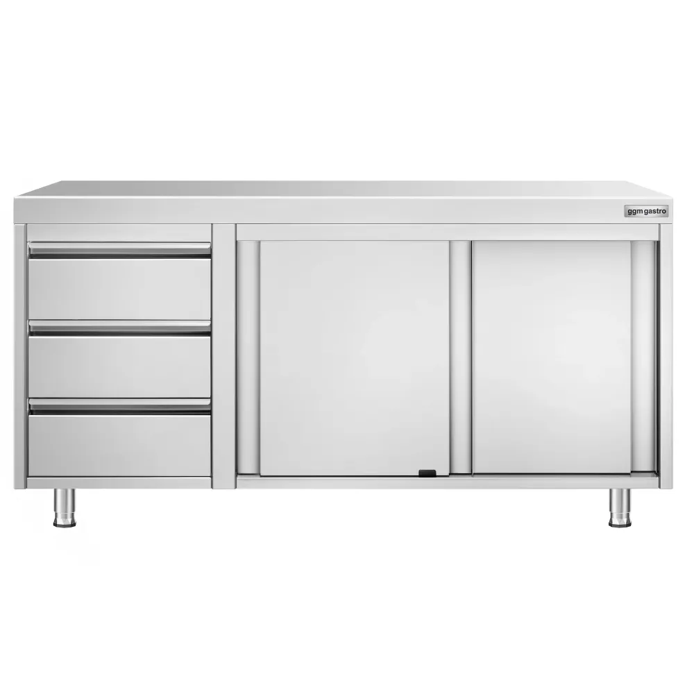 Професионален Работен шкаф от неръждаема стомана PREMIUM - 1600x600mm - с плъзгащи се врати, 3 чекмеджета вляво