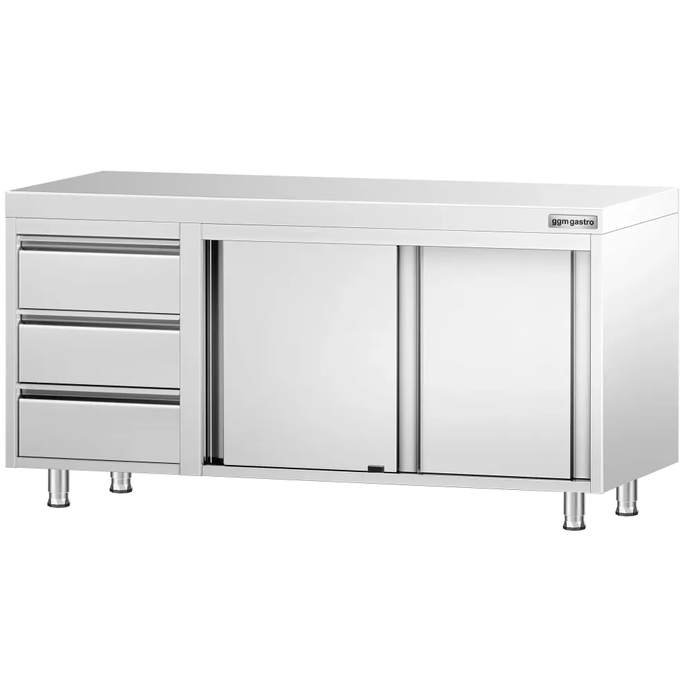 Професионален Работен шкаф от неръждаема стомана PREMIUM - 1600x600mm - с плъзгащи се врати, 3 чекмеджета вляво