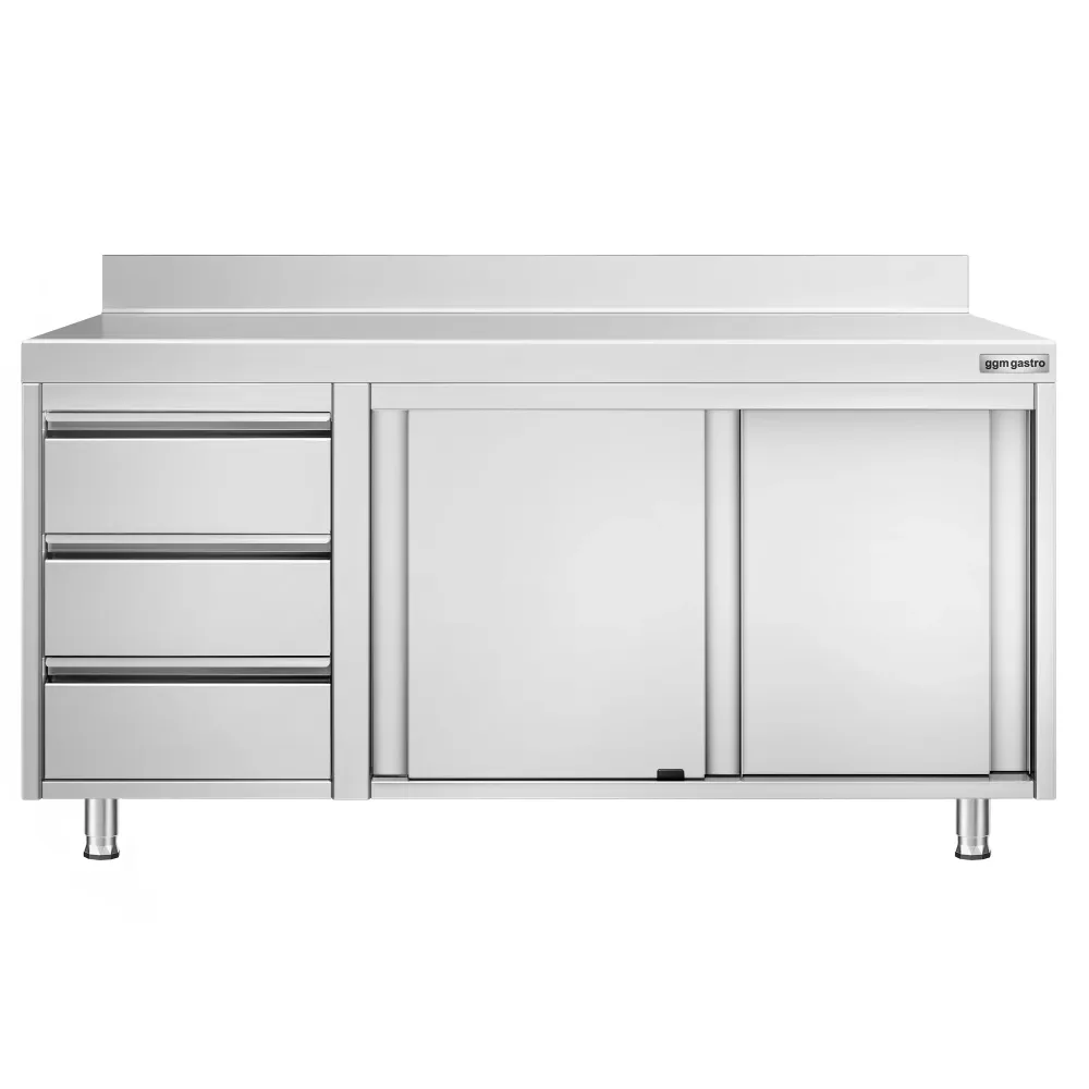 Професионален Работен шкаф от неръждаема стомана PREMIUM - 1600x600mm - с плъзгащи се врати, 3 чекмеджета вляво & Борд