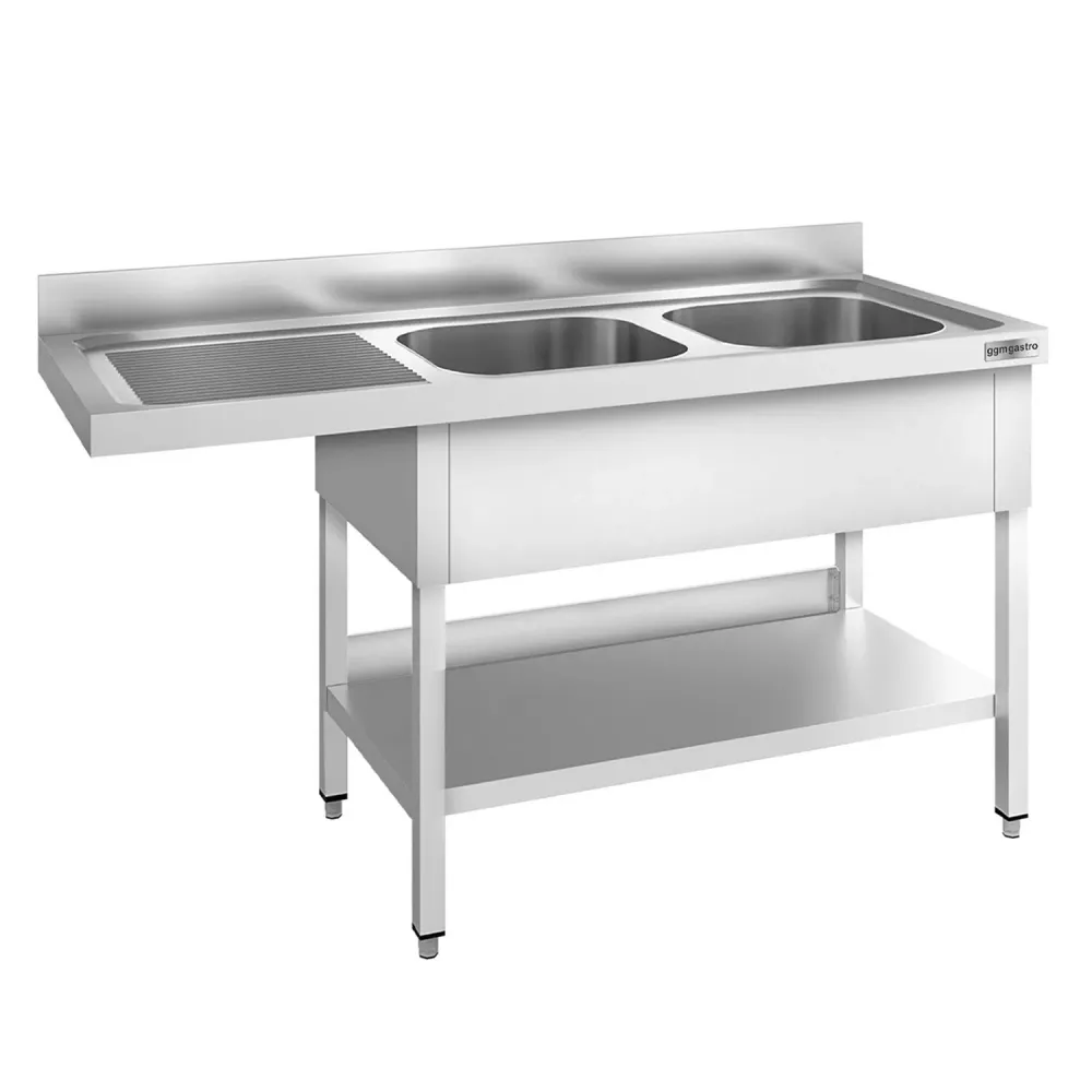 Маса за миялна машина PREMIUM - 1600x700mm - с 2 корита вдясно - със заден борд 100mm - корита 400x500x250mm - с долен рафт