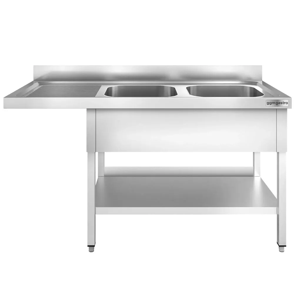 Маса за миялна машина PREMIUM - 1600x700mm - с 2 корита вдясно - със заден борд 100mm - корита 400x500x250mm - с долен рафт