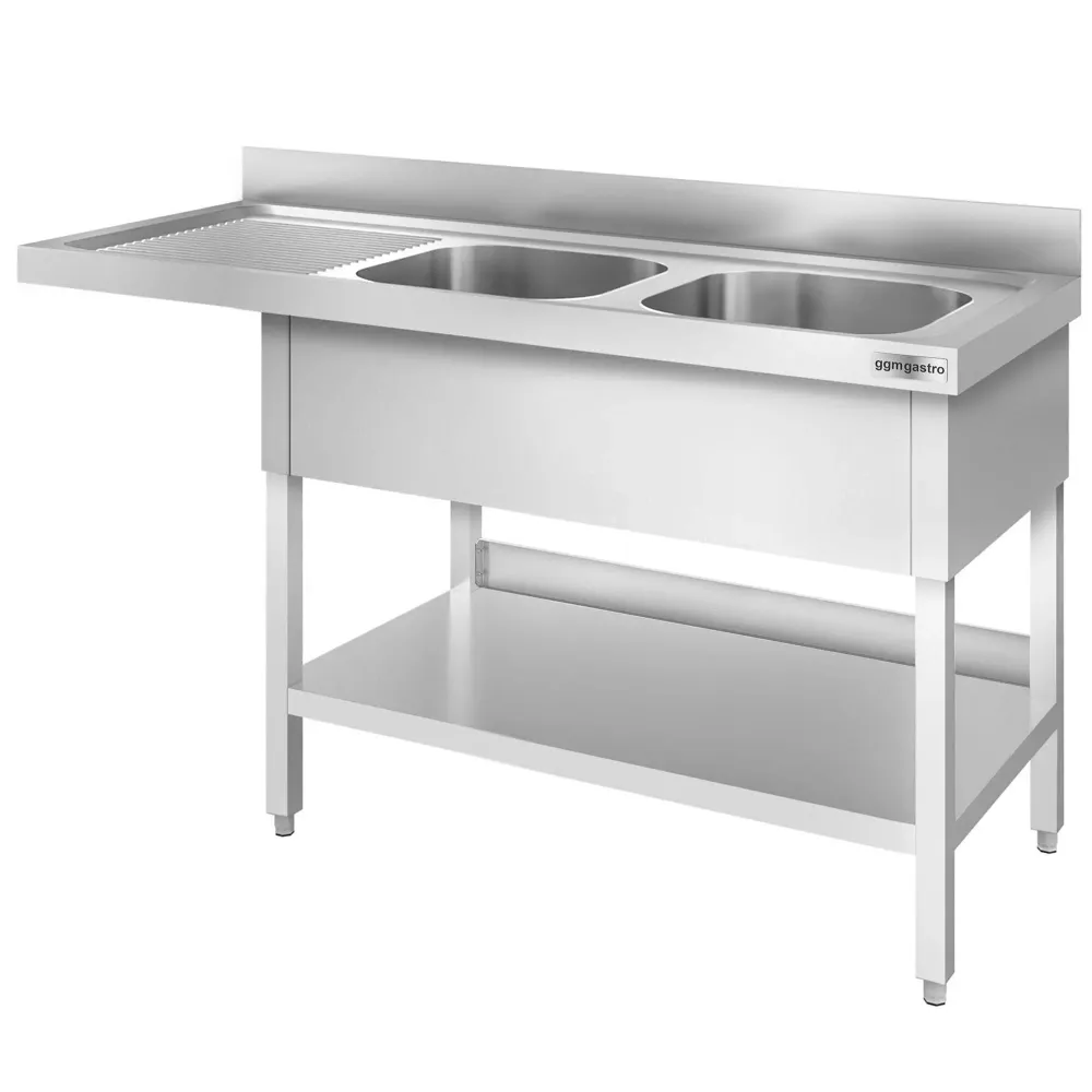 Маса за миялна машина PREMIUM - 1600x700mm - с 2 корита вдясно - със заден борд 100mm - корита 400x500x250mm - с долен рафт