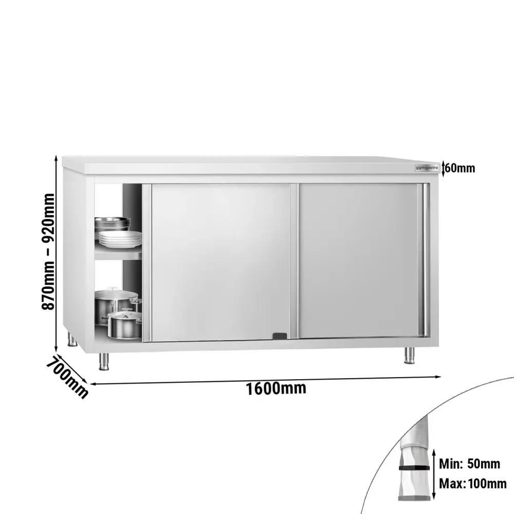 Професионален Работен шкаф от неръждаема стомана PREMIUM - 1600x700mm - с плъзгащи се врати, проходна конструкция, междине...