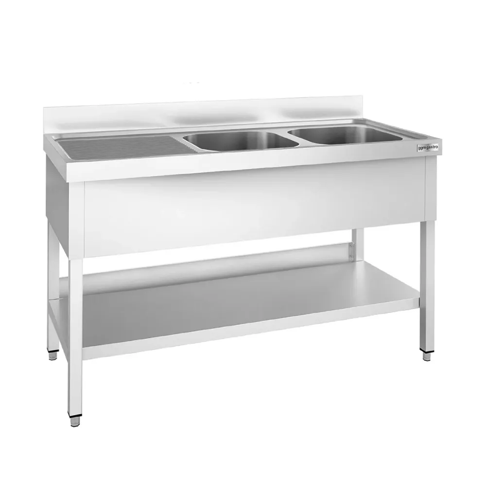 Професионална мивка от неръждаема стомана PREMIUM - 1600x700mm - с долен рафт - с 2 корита вдясно