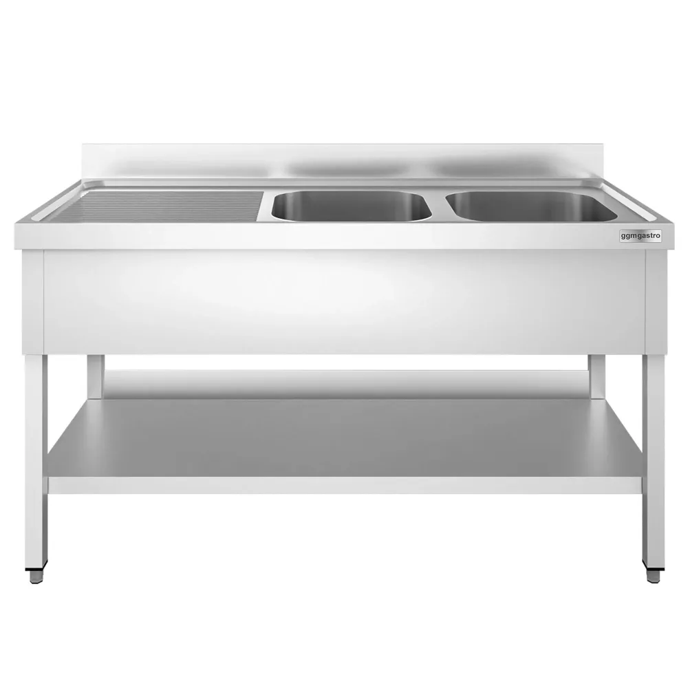 Професионална мивка от неръждаема стомана PREMIUM - 1600x700mm - с долен рафт - с 2 корита вдясно
