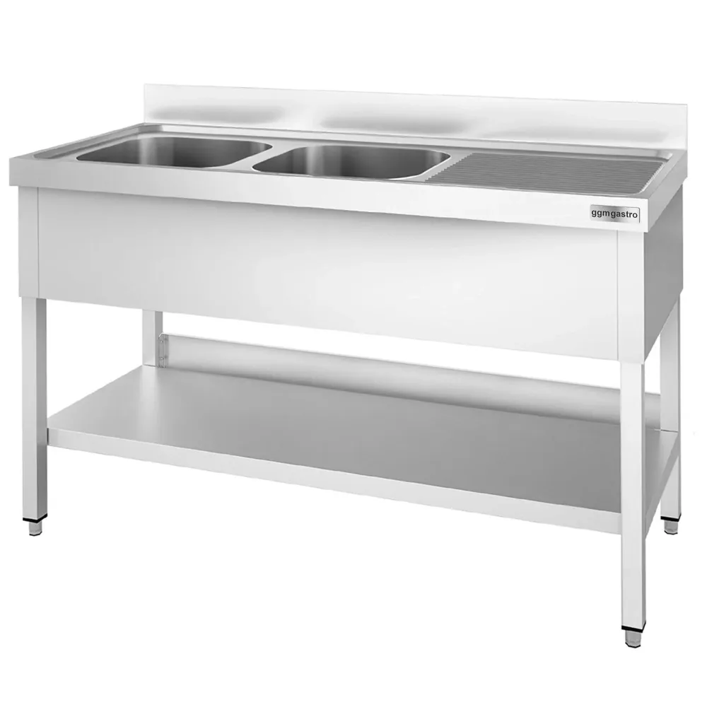 Професионална мивка от неръждаема стомана PREMIUM - 1600x700mm - с долен рафт - с 2 корита вляво