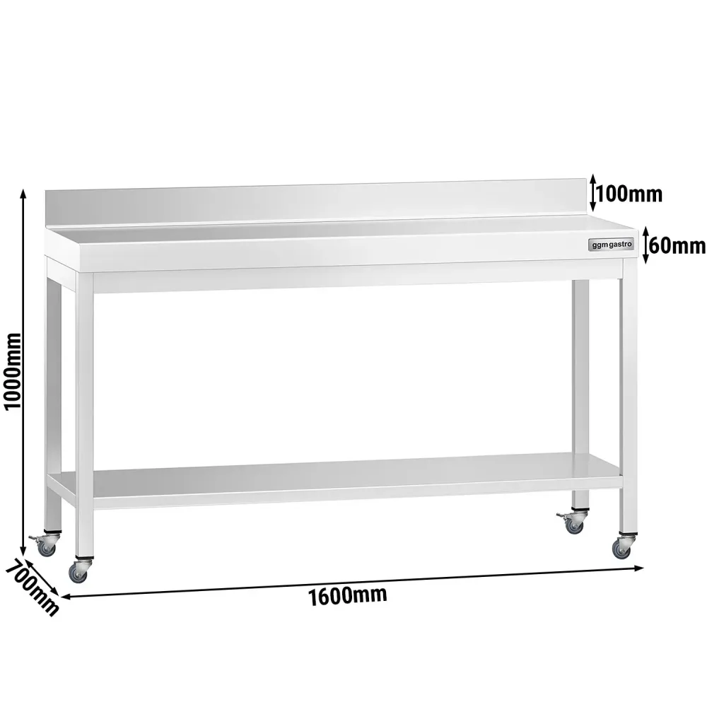 Работна маса PREMIUM от неръждаема стомана - 1600x700mm - с основа, стойка и колелца