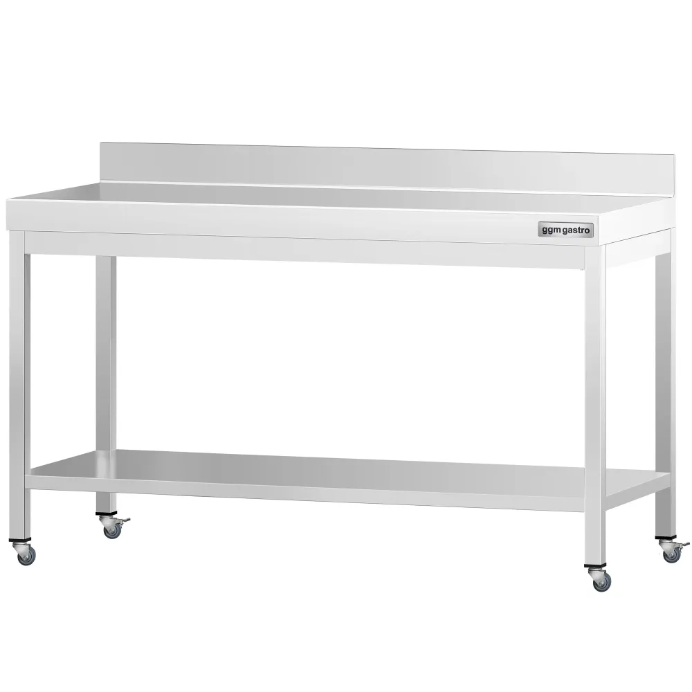 Работна маса PREMIUM от неръждаема стомана - 1600x700mm - с основа, стойка и колелца