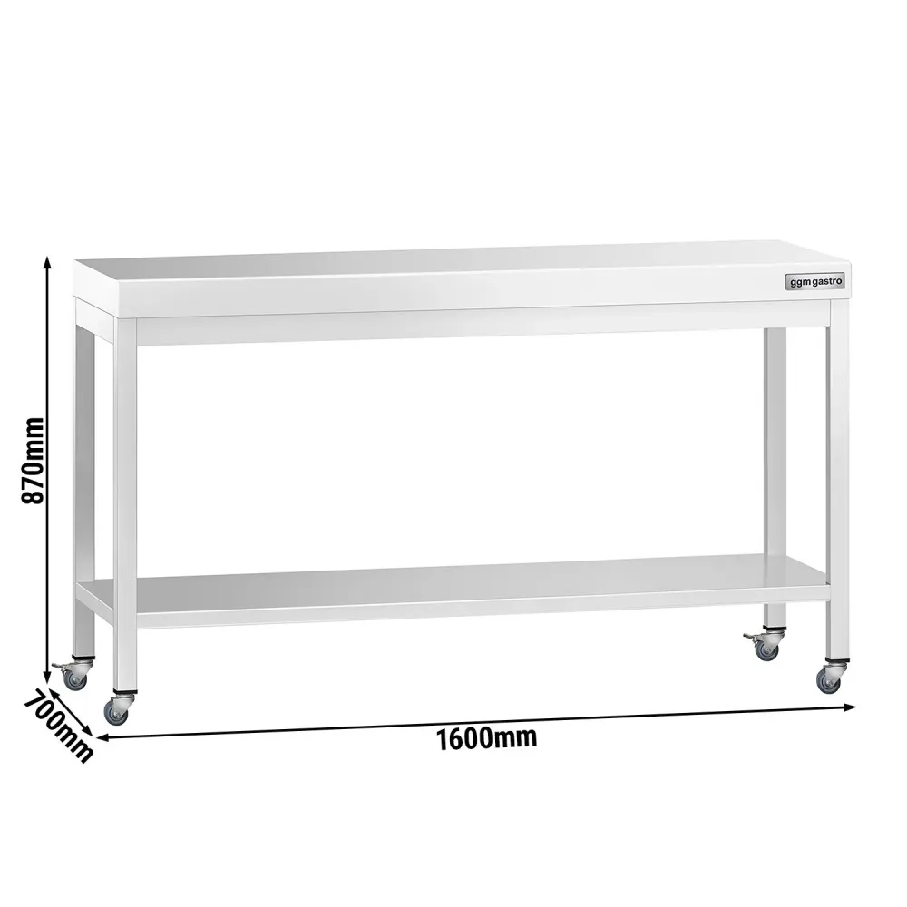 Работна маса PREMIUM от неръждаема стомана - 1600x700mm - с основа и колелца