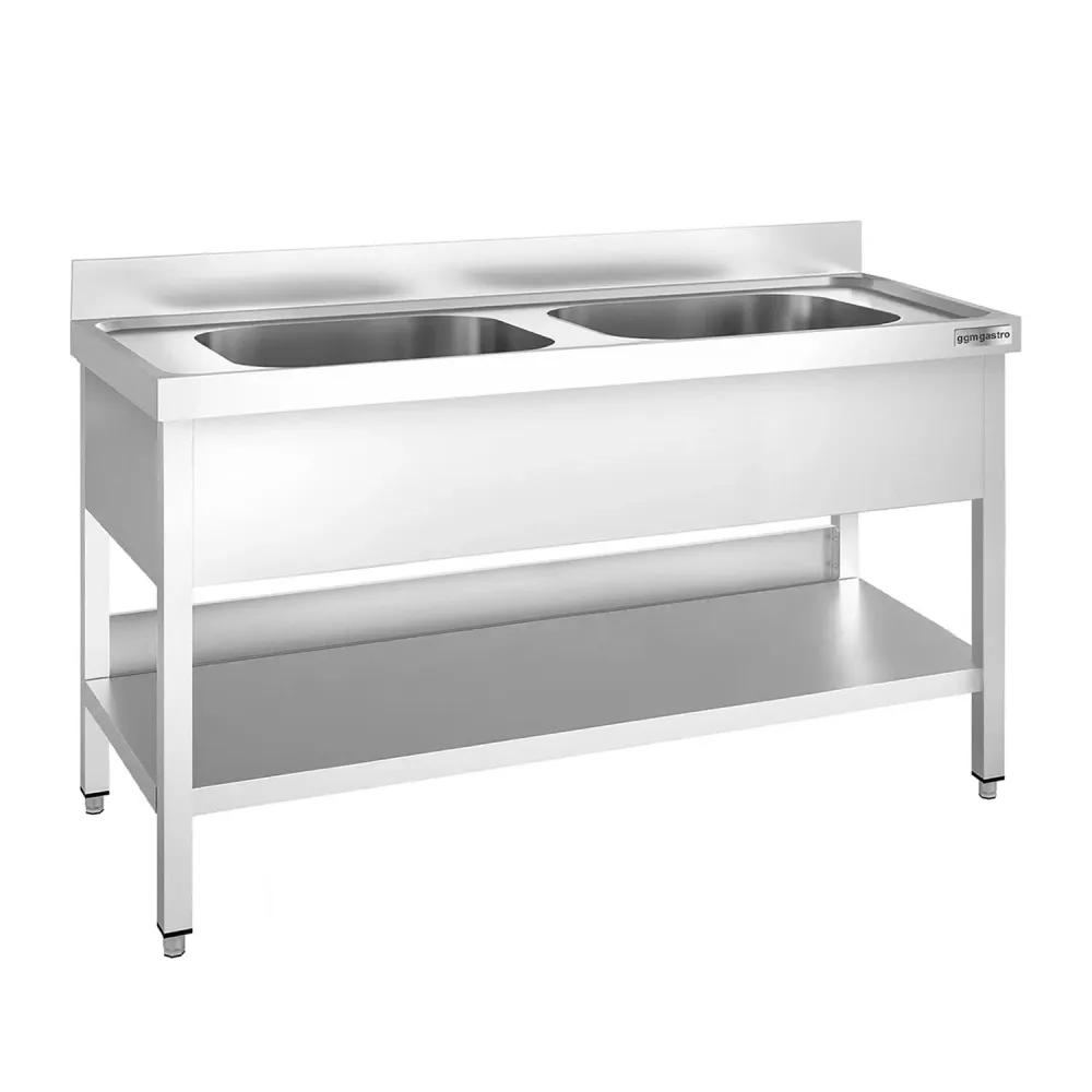 Професионална мивка от неръждаема стомана PREMIUM - 1600x700mm - с долен рафт - с 2 корита централно