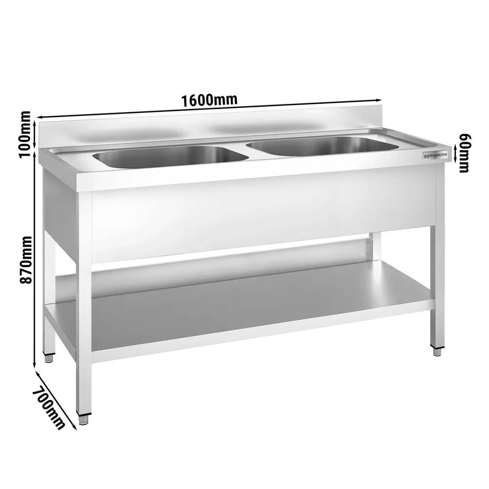 Професионална мивка от неръждаема стомана PREMIUM - 1600x700mm - с долен рафт - с 2 корита централно