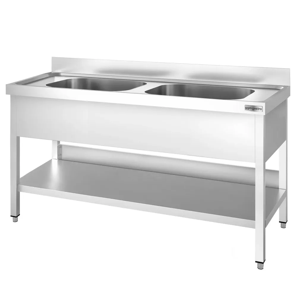 Професионална мивка от неръждаема стомана PREMIUM - 1600x700mm - с долен рафт - с 2 корита централно