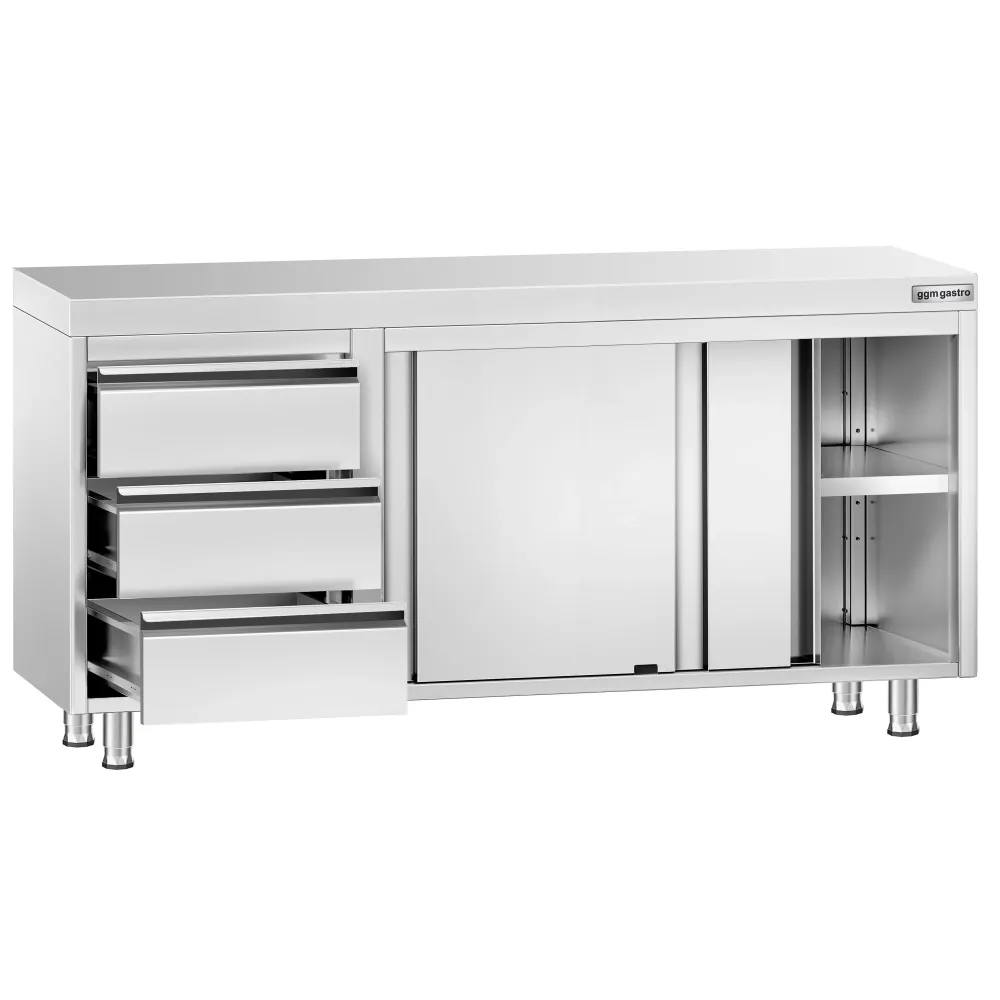 Професионален Работен шкаф от неръждаема стомана PREMIUM - 1600x700mm - с 3 чекмеджета вляво